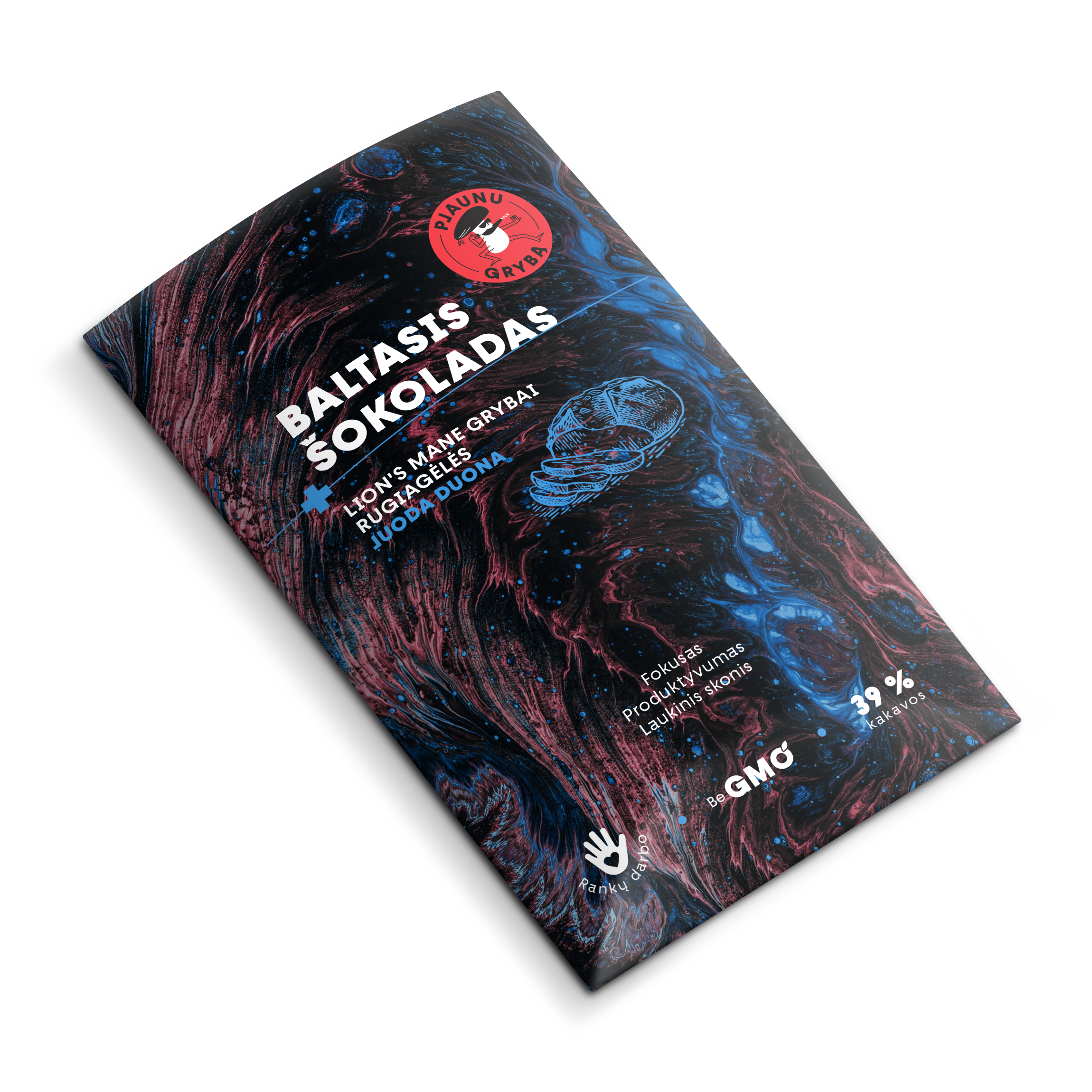 Baltā šokolāde ar Lion's Mane sēnēm, rudzupuķēm un rupjmaizi.