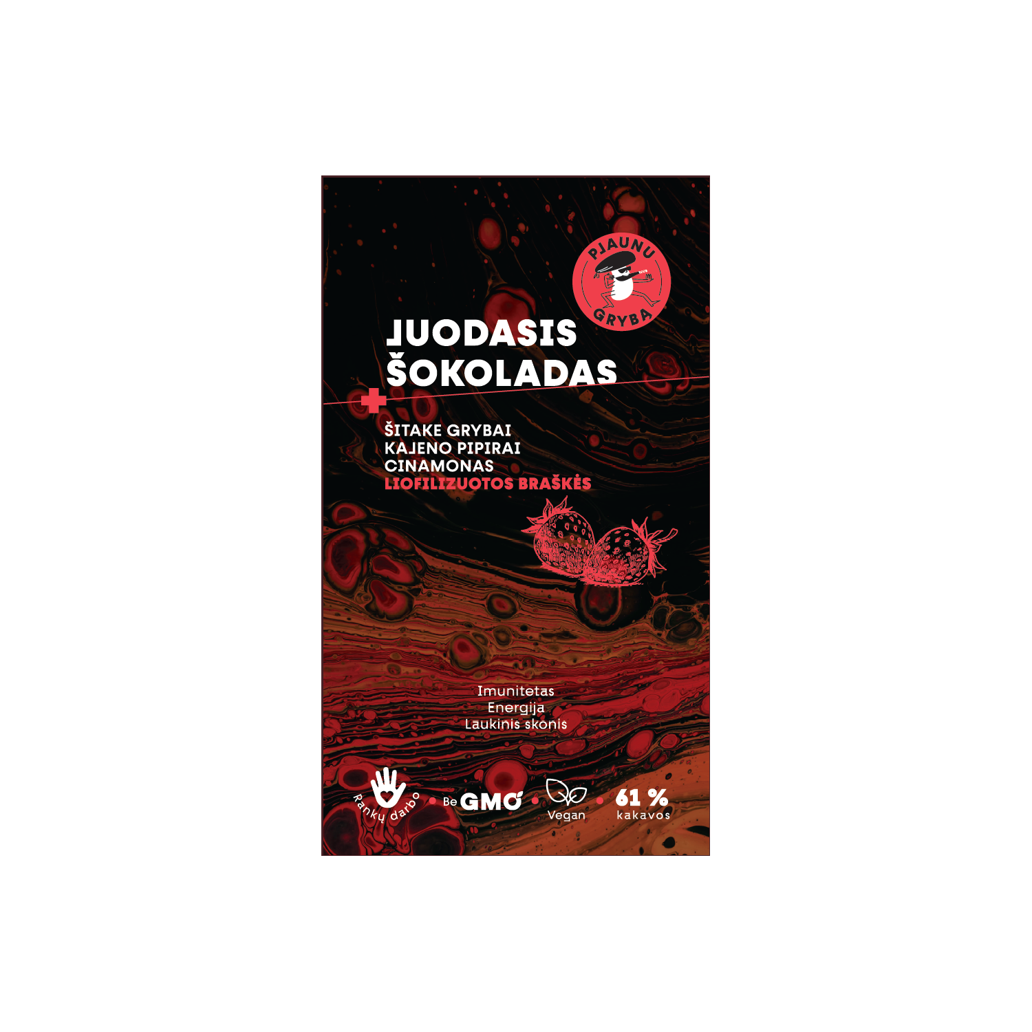 Tumšā šokolāde ar šitaki sēnēm, zemenēm, kanēli un kajēnas pipariem